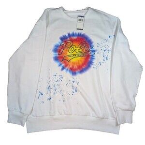 Polo Ralph Lauren Tie Dye Logo Paint Splatter Crewneck Sweatshirt White XL